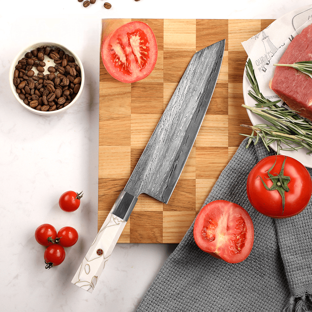 Nůž Kiritsuke 22/35,5cm Damašková ocel 67/nerez objímka a bílá pryskyřice Gooda - Obrázek 3