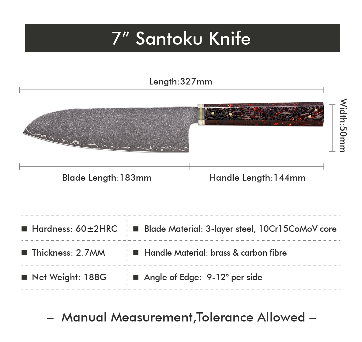 Nůž Santoku 18/33cm 3-vrstvá VG-10/mosaz a karbonové vlákno Gooda - Obrázek 2